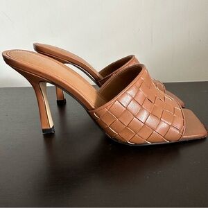 Marc Fisher Dara Slide Sandal Brown Woven Leather Mules Square Toe Heels